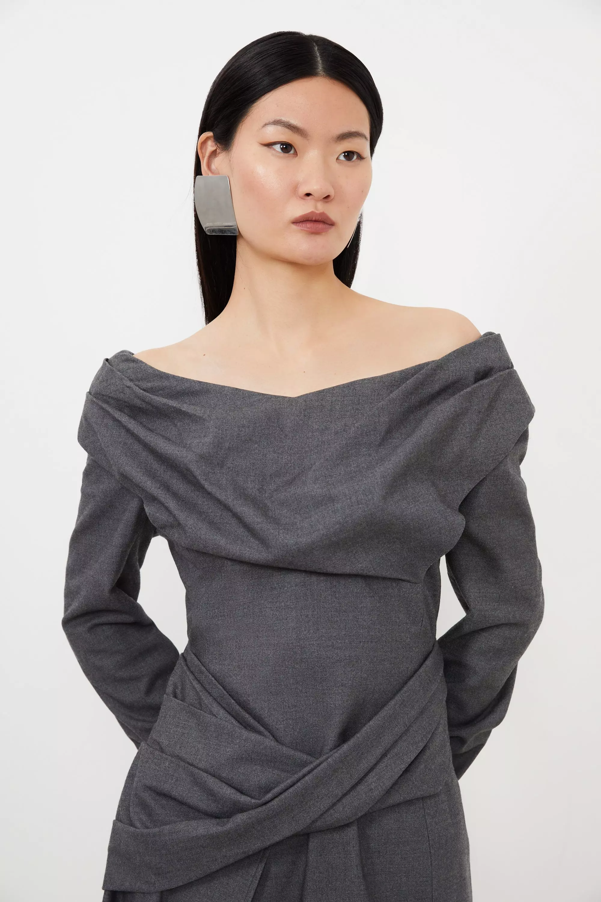 Grey Marl Woven Wool Mix Bardot Mini Dress | Karen Millen
